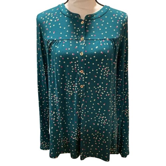 Boden Nadine Henley Green Confetti Polka Dot Long Sleeved Modal Top Sz 6 - Picture 1 of 8